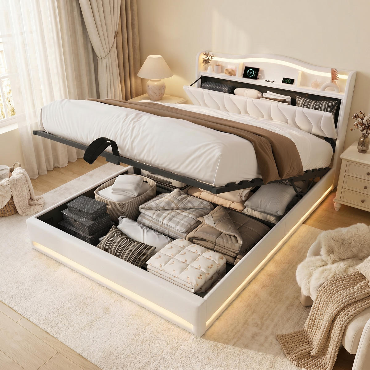 POLSTERBETT 140/200 aus Samt, mit gepolstertem Kopfteil, Bettkasten, LED, USB, Lattenrost, Metallrahmen, Beige - Beige, Holzwerkstoff (140/200cm) - Brevoria