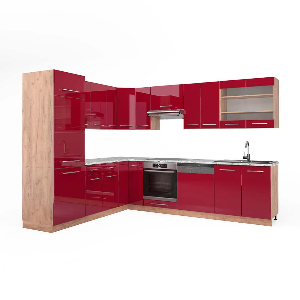 ECKKÜCHE Fame-Line Bordeaux Hochglanz/Goldkraft Eiche 227 x 287 cm AP Marmor - Bordeaux/Eiche Wotan, Holzwerkstoff (227/81.6/60cm) - Vicco