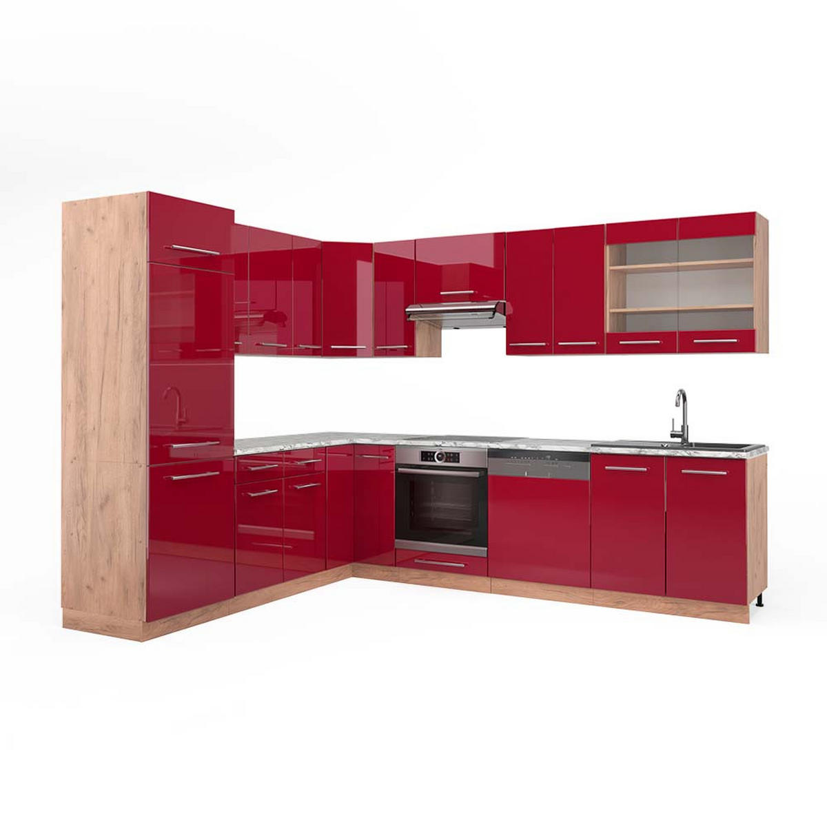 ECKKÜCHE Fame-Line Bordeaux Hochglanz/Goldkraft Eiche 227 x 287 cm AP Marmor - Bordeaux/Eiche Wotan, Holzwerkstoff (227/81.6/60cm) - Vicco