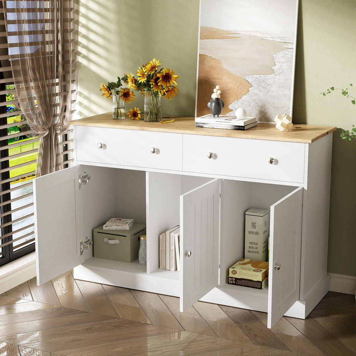 SIDEBOARD mit 3 Türen und 2 Schubladen, geprägte Front, 120/36/80,5 cm, Weiß und Holzoptik - Weiß, Holzwerkstoff (10/80.5/36cm) - Redom