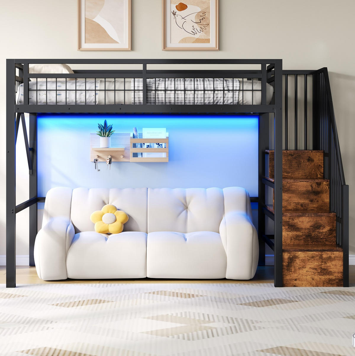 HOCHBETT 90/200 cm aus Metall mit LED-Beleuchtung und Stauraumtreppe - Schwarz, Metall (90/200cm) - Flora Grace