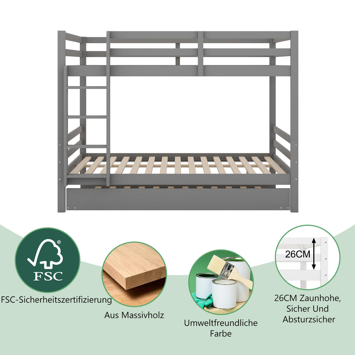 ETAGENBETT 140x200cm Grau mit Ausziehbett hohe Geländer - Grau, Holz (140/200cm) - FLIEKS