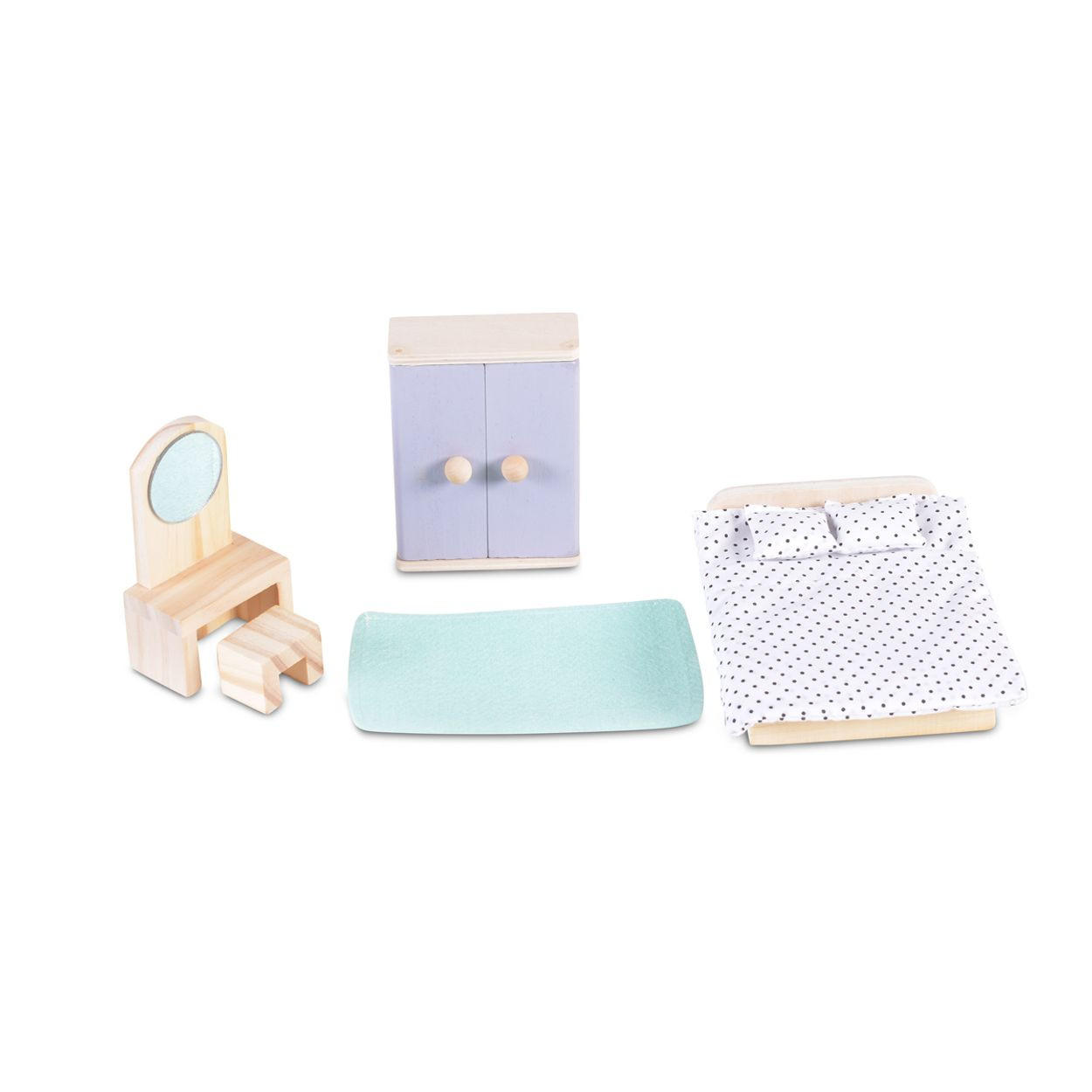PUPPENMÖBEL Schlafzimmer 4012 bunt Holz, Schlafzimmer-Set, Bett, Schrank, Schminktisch, Stuhl, Teppich - Multicolor, Holz (10/5/15cm) - Moni