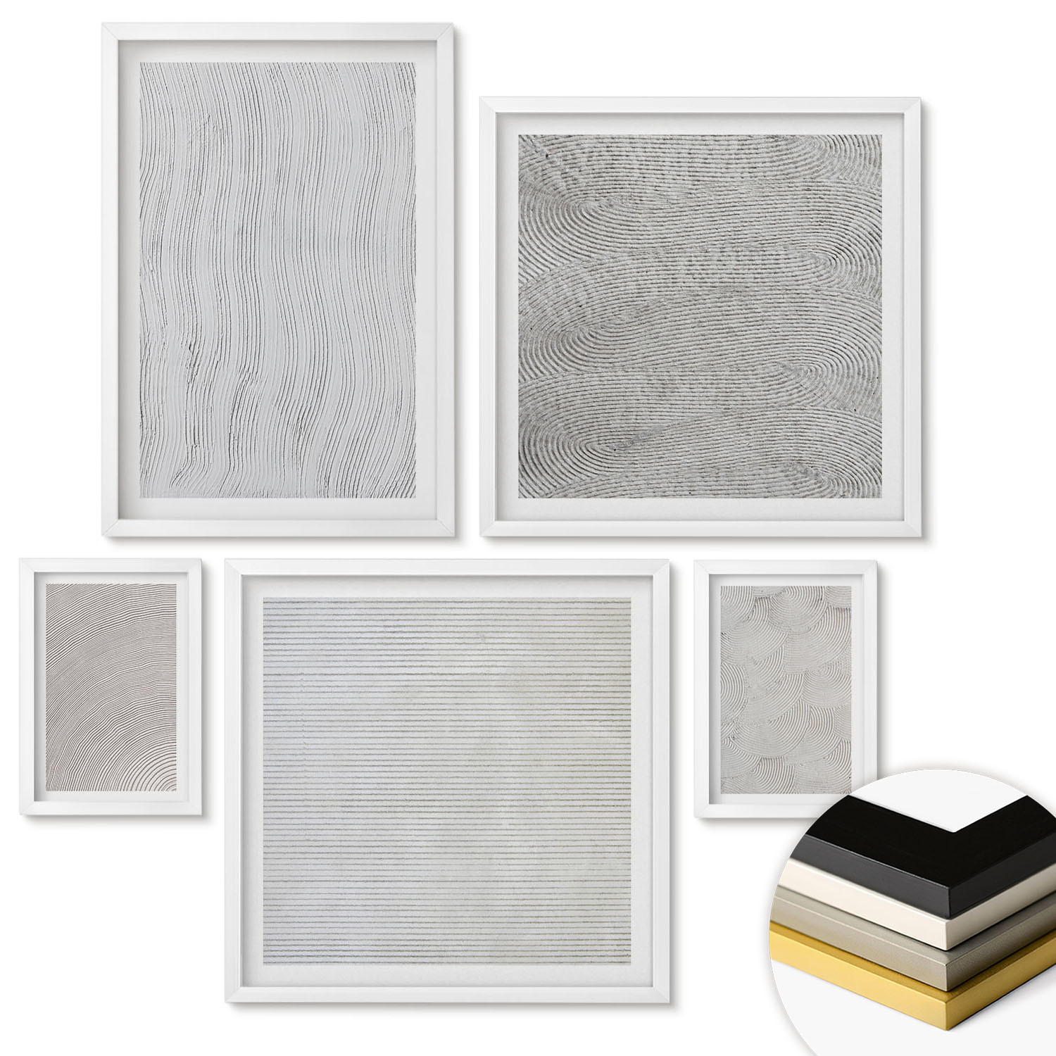 WANDBILDER 5er-Set - 50x50 cm & 20x30 cm & 40x60 cm Weißer Rahmen - Sandmuster geometrische Strukturen - Weiß, Kunststoff (40/60cm) - ArtPrintCave