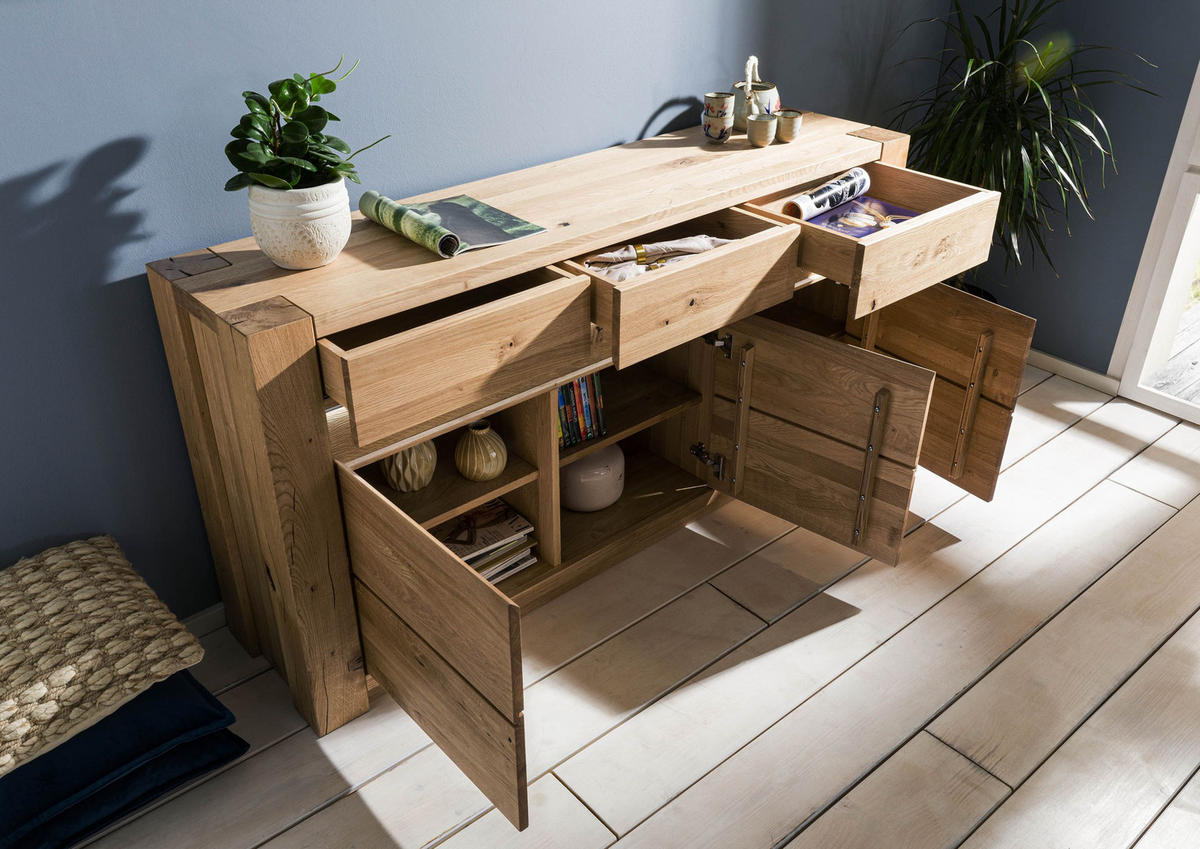 SIDEBOARD Wildeiche 173x40x85 beige geölt KENT #208 - Beige, Holz (173/85/40cm) - Massivmoebel24