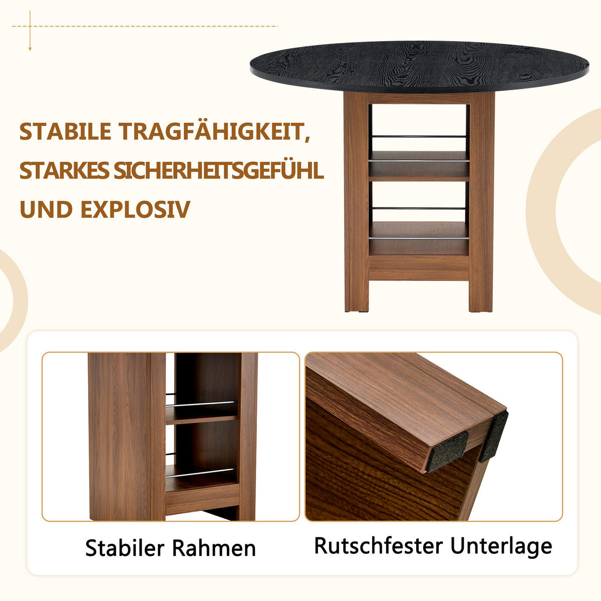 ESSTISCH Schwarz mit Ablageboden und nussbaumfarbenem Metallgestell 100/100/76 cm - Schwarz, Holz (100/100/76cm) - Oxeza