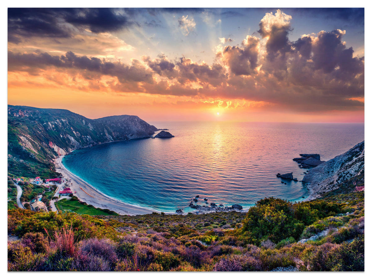 FOTOTAPETE Meer Blumen Sonnenuntergang Landschaft 3D 450x315 - Türkis/Blau, Papier (450/315cm) - Muralo