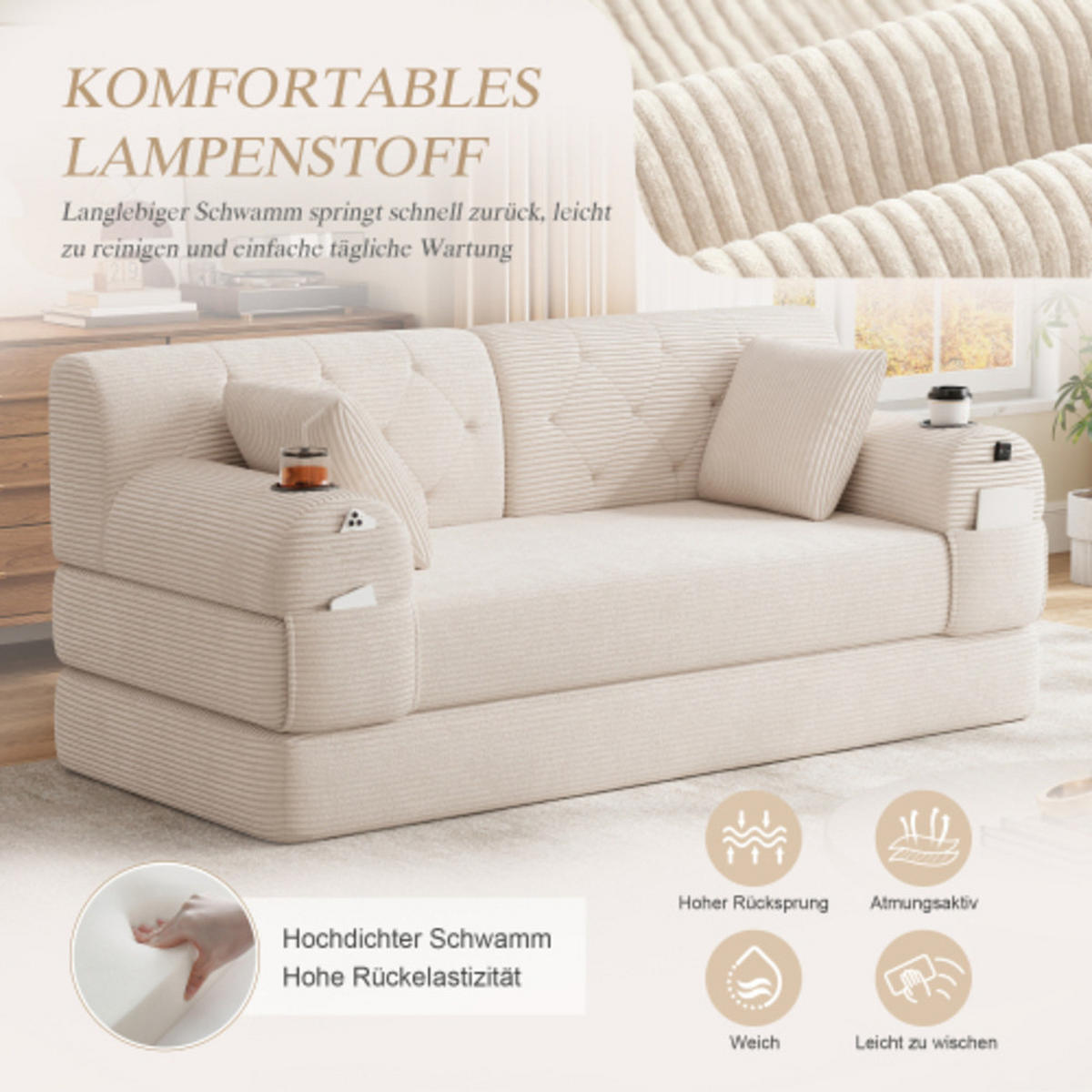 SCHLAFSOFA mit Metallrahmen beige 168×80×81 cm aus Cordstoff - Beige, Textil (80/81/168cm) - Luhomfu