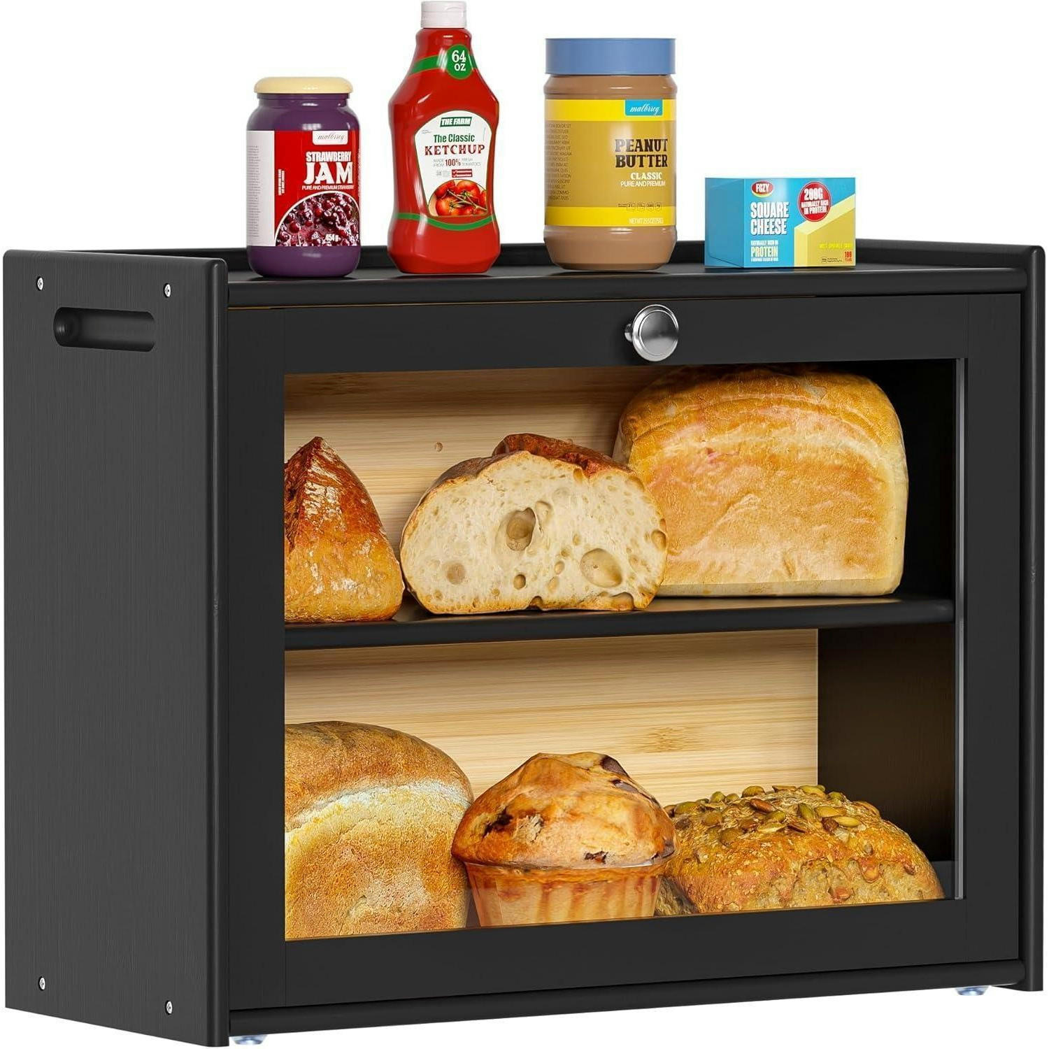 BROTKASTEN Bambus mit 2 Regalen und Sichtfenster 40 cm - Schwarz, Naturmaterialien (17.5/31/40cm)