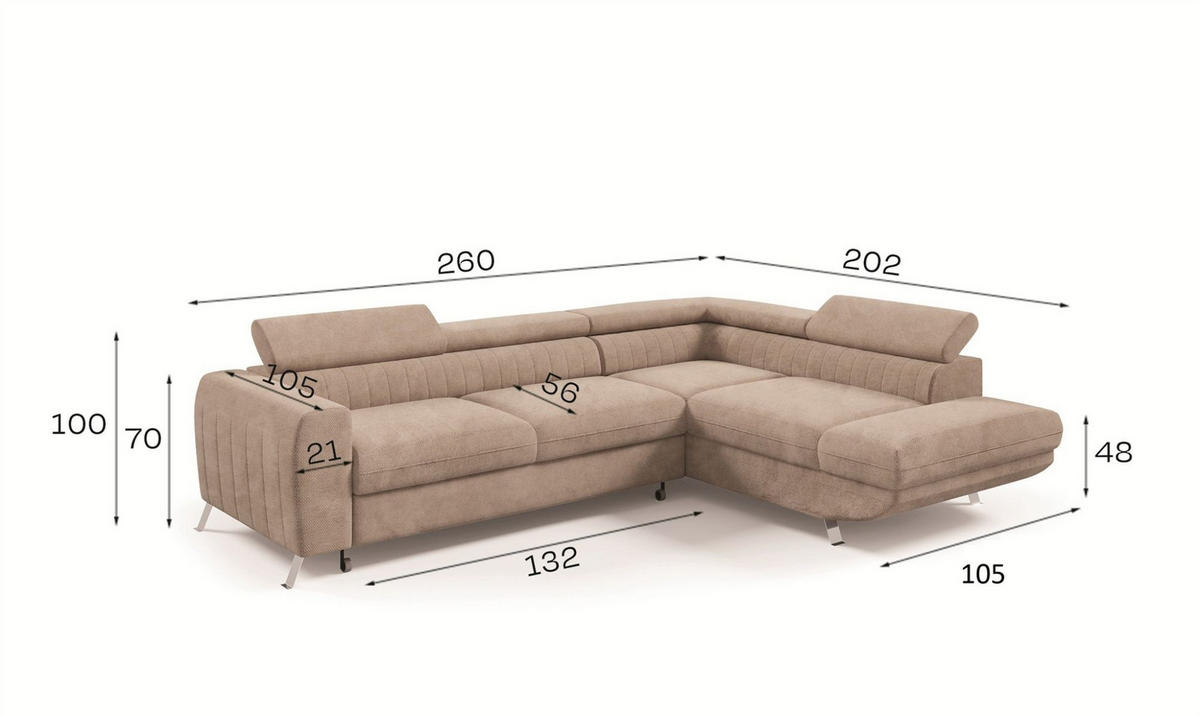 ECKSOFA Marios Mit Schlaffunktion - Hellbraun, Holzwerkstoff/Textil (260/202cm) - Fun Möbel