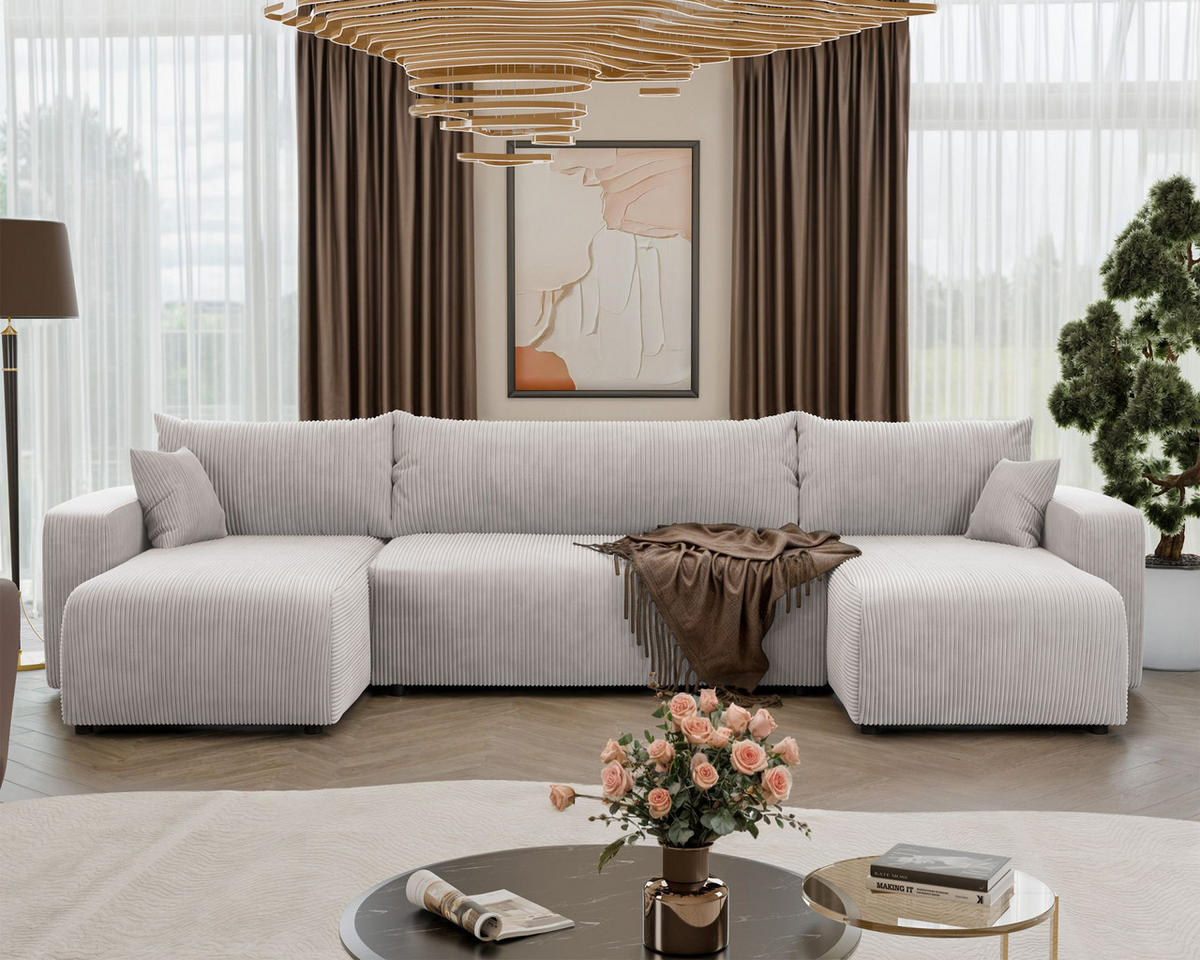 WOHNLANDSCHAFT Pianoni Hellbeige Cordbezug - Ecru/Schwarz, Kunststoff/Textil (312/83/140cm) - Selsey