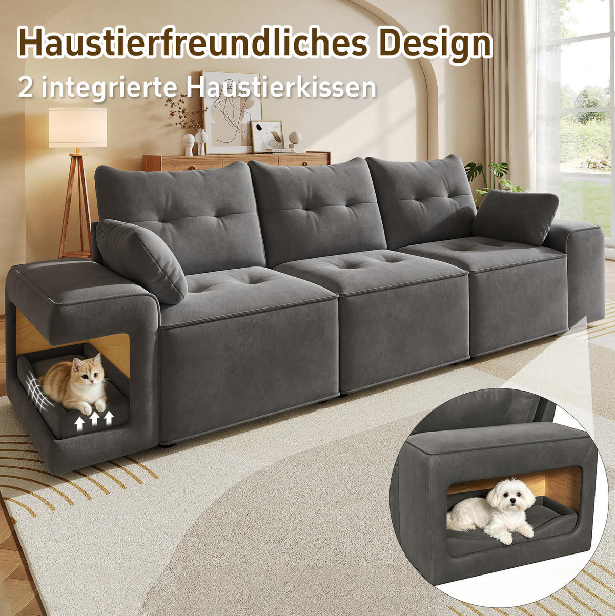 3-SITZER-SOFA aus Velours 229,5x78x84 cm Grau mit Stauraum, Haustiernischen und 2 Kissen - Grau, Textil (229.5/84/78cm) - Modfu