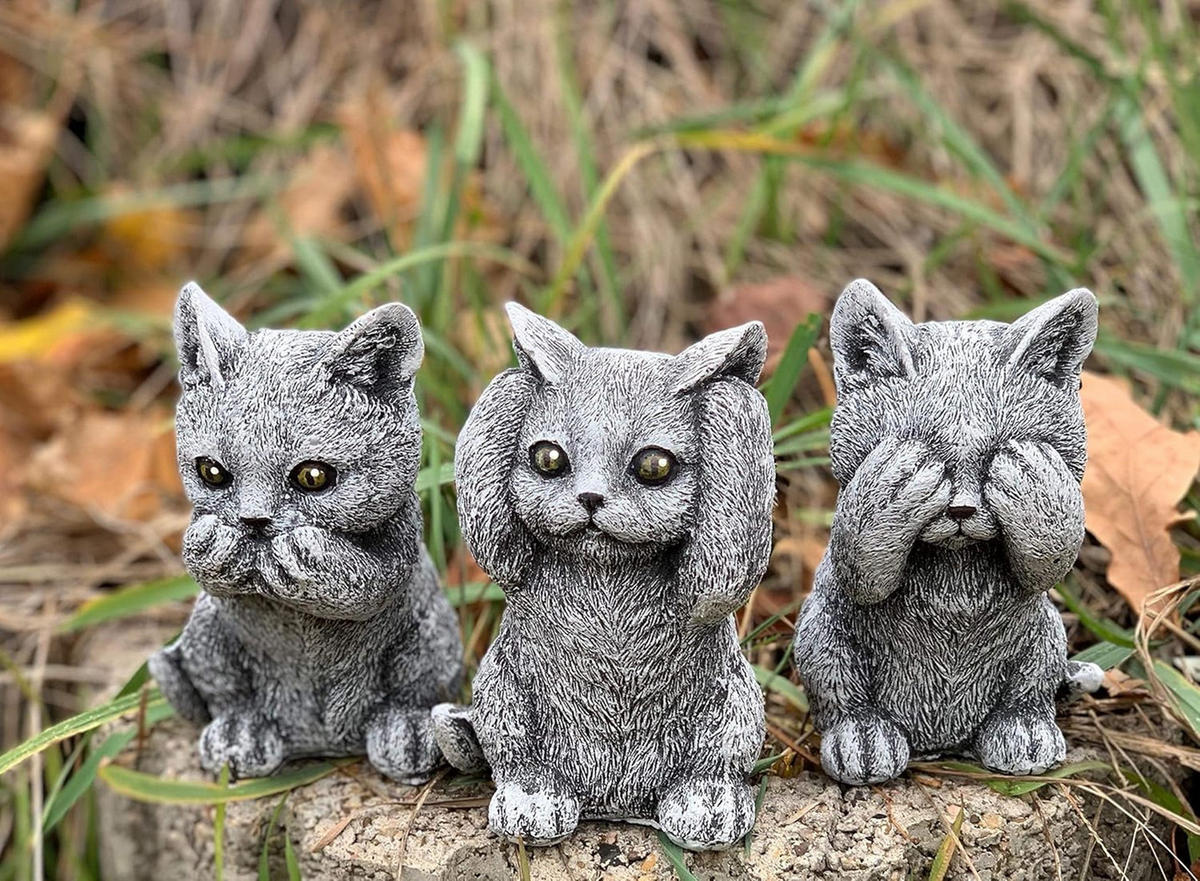 STONEANDSTYLE Steinfigur 3er Set Kätzchen Katzen Nichts sehen Nichts hören Nichts Sagen wetterfest - Grau, Stein (7/12/9cm) - stoneandstyle