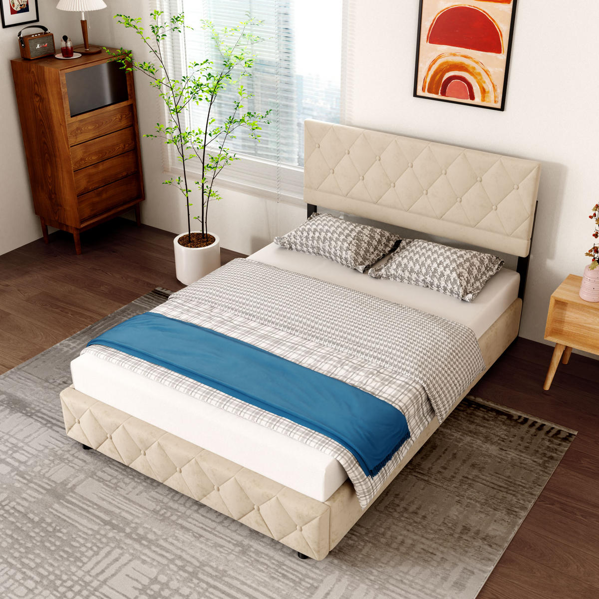 POLSTERBETT 140/200 cm mit Bettkasten in Beige Samt, ohne Matratze - Beige, Holzwerkstoff/Textil (140/200cm) - WISHDOR