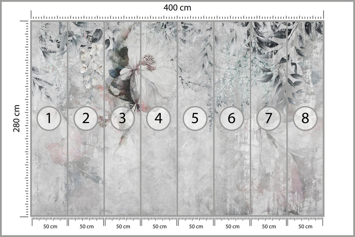 FOTOTAPETE für Büro Zarte Blätter Grau Betonwand Blumen Natur 400x280 - Grau, Papier (400/280cm) - Muralo