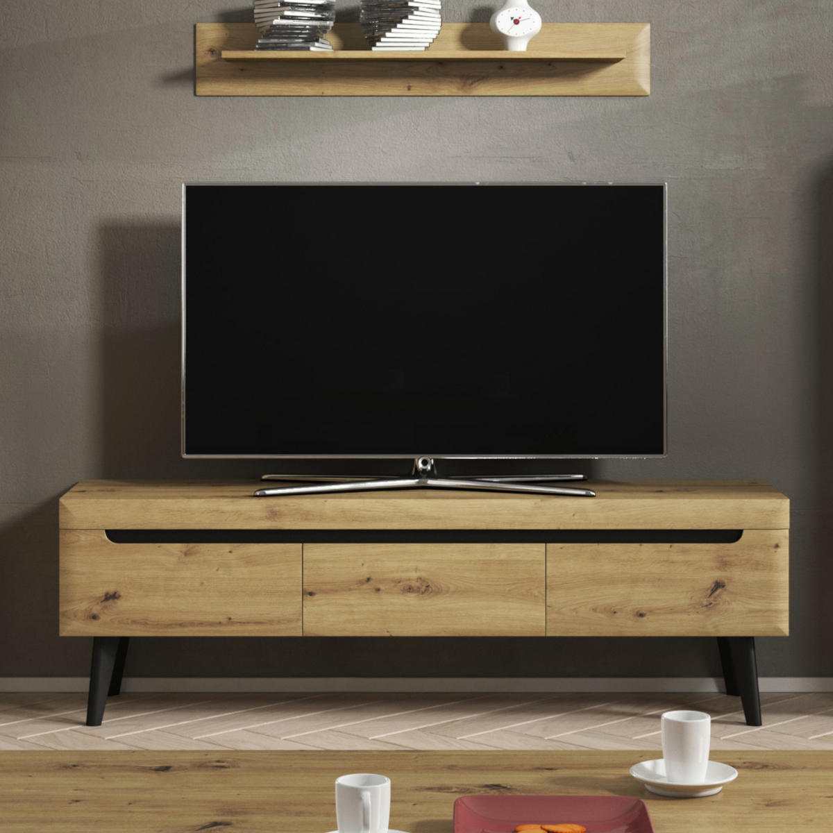 LOWBOARD TV SUDBURRY RTV2-3S Fronten, aus MDF-Platte, Eiche - Eichefarben, Holzwerkstoff/Kunststoff (160/50/40cm) - Komodee