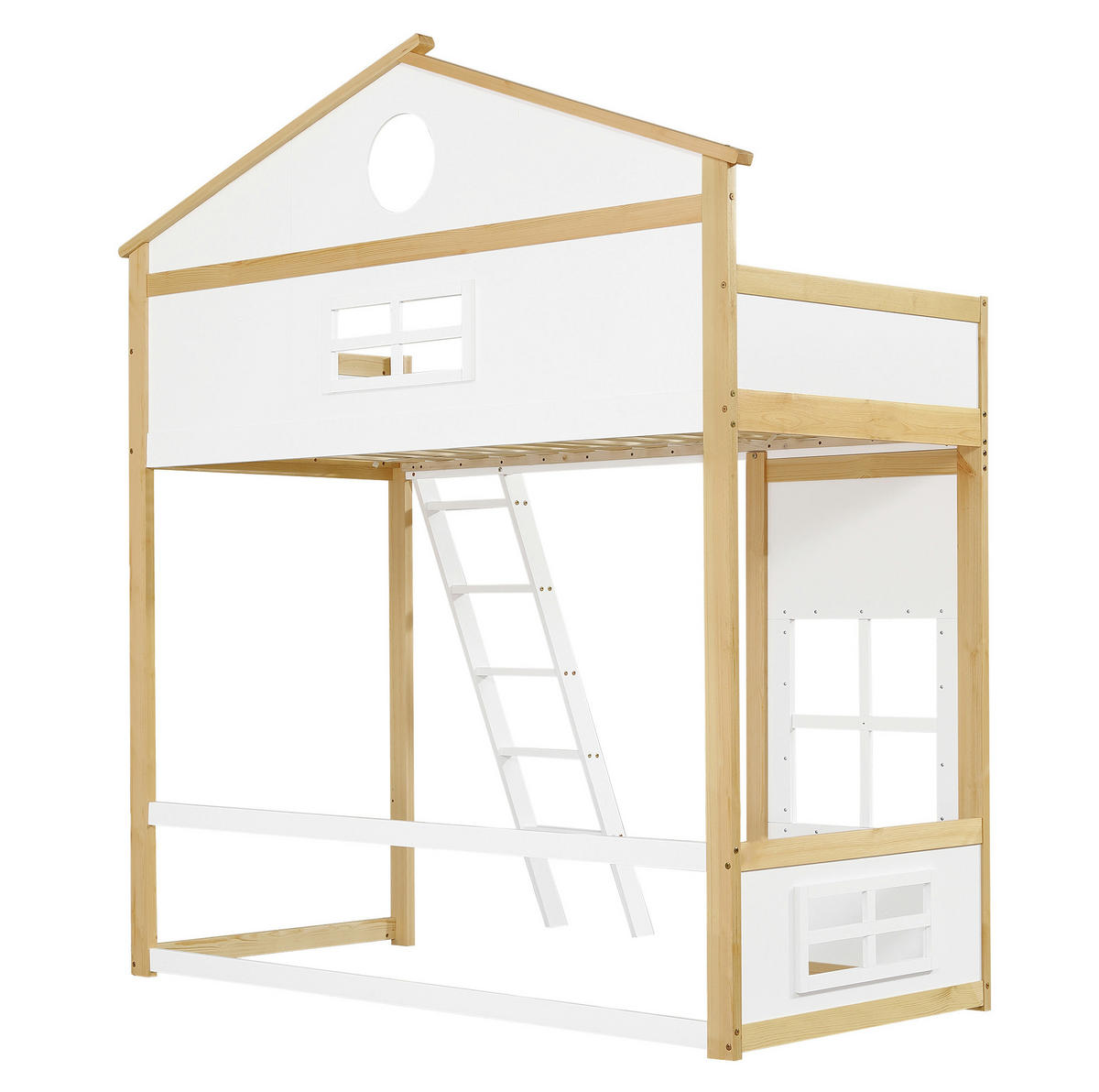 ETAGENBETT 90/200 cm Weiß Natur mit Treppe, Dach und Fenstern - Weiß, Holz (90/200cm) - MIVRAY