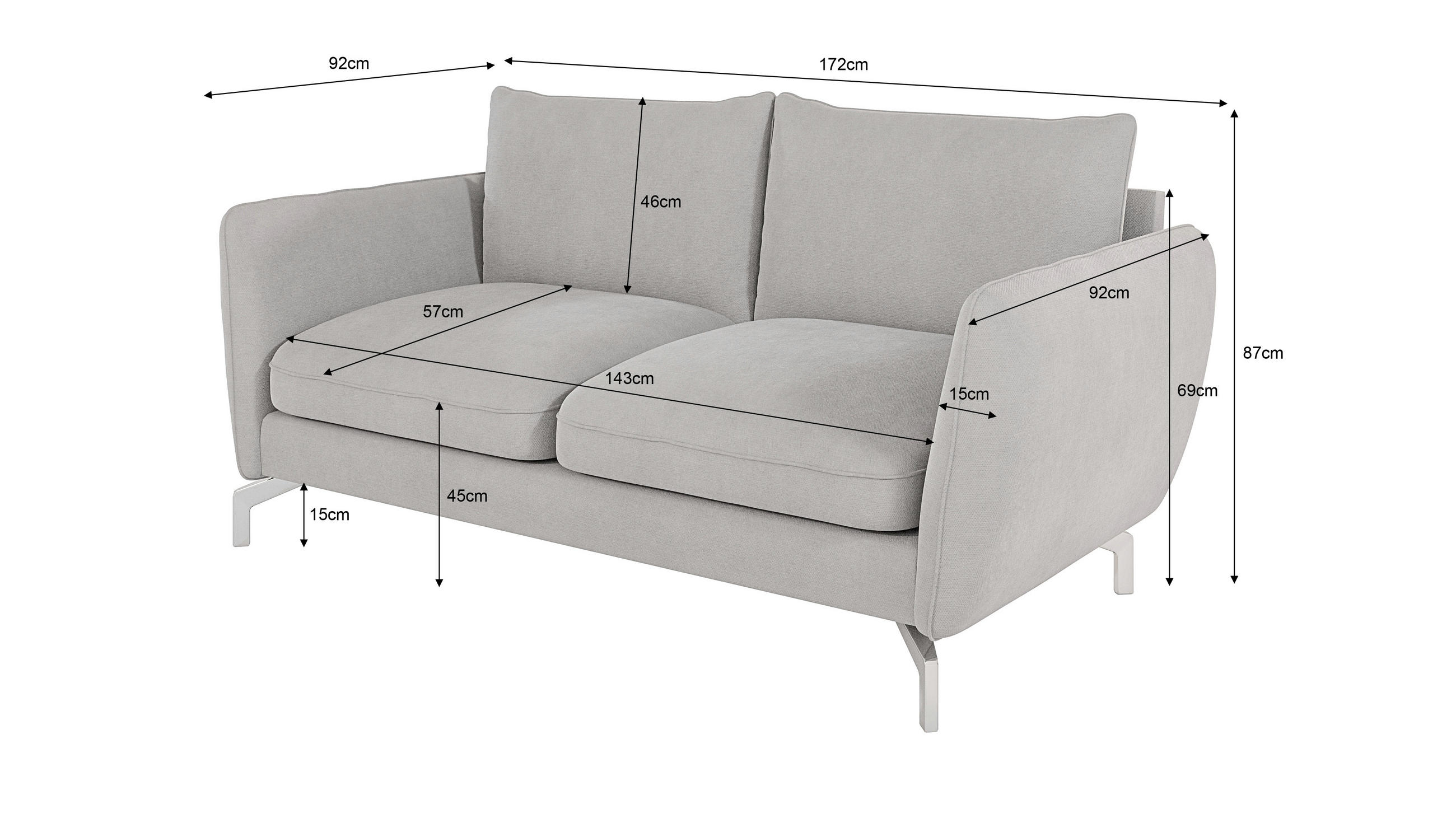 Thumbnail - S-Style Möbel 2-Sitzer-Sofa, Silber, Textil, Echtholz,Buche, Birke, Füllung: Silikon,Schaumstoff, 172x87x92 cm, Blauer E...