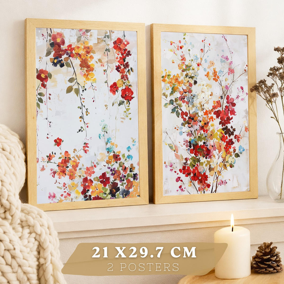 PLAKAT Sada 2 Květinové barvy A3 Lehký dřevěný rám - béžová, papír (29.7/1/42cm) - Nacnic