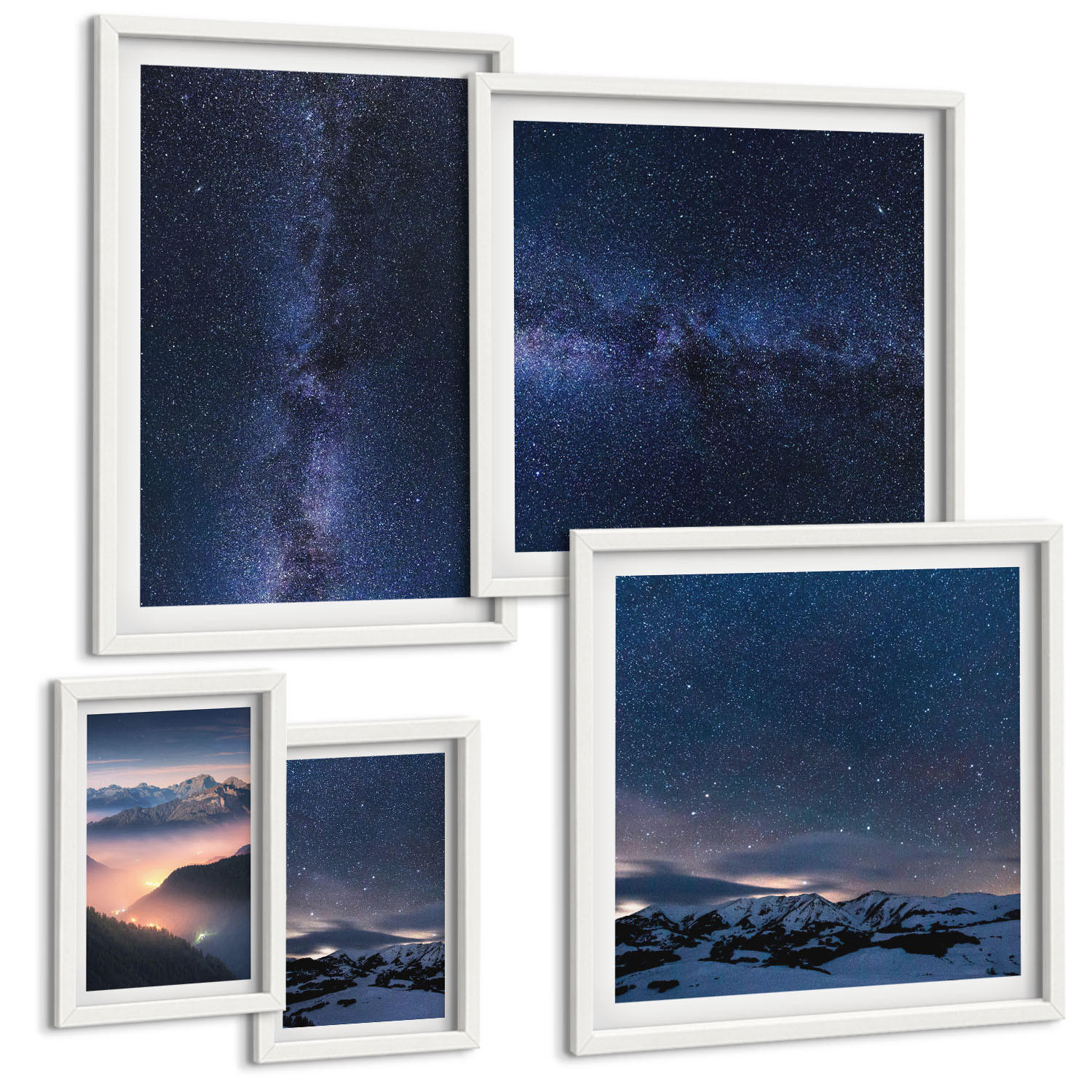 BILDER SET 5er Set - 50x50 cm & 20x30 cm & 40x60 cm Weißer Rahmen - Spiegelung der Felsen in Bergseen - Weiß, Kunststoff (40/60cm) - TULUP