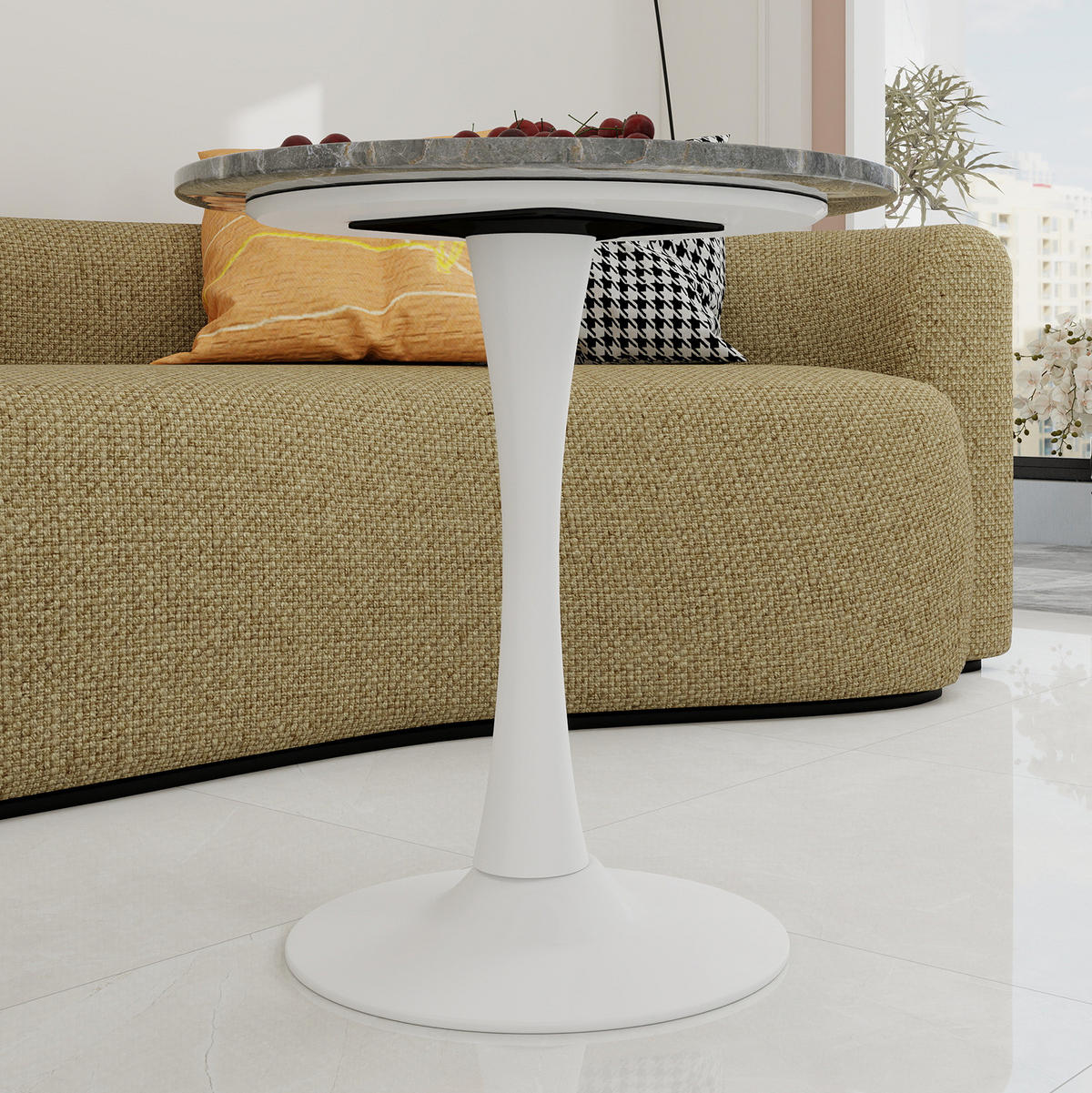COUCHTISCH 70/70/72 cm vielseitig einsetzbar mit runder Tischplatte in Marmoroptik, Antikweiß+Grau - Weiß, Stein (70/70/72cm) - Redom
