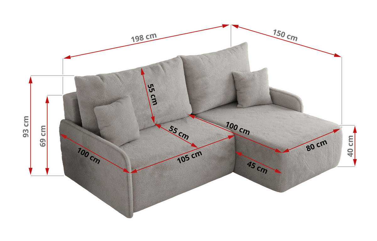 ECKSCHLAFSOFA ARPA L Hellgrau Plüsch - links - Hellgrau/Schwarz, Kunststoff/Textil (198/150cm) - MKS