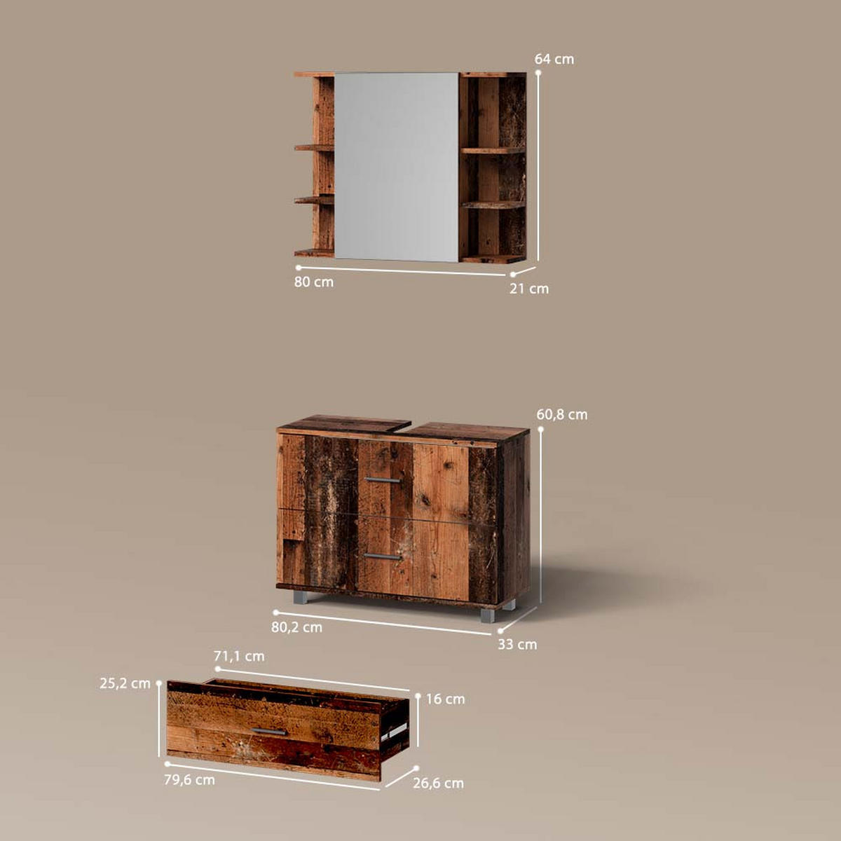 BADMÖBEL-SET Eisak Eiche rustikal 2 Teile, Unterschrank 80 cm - Wildeiche, Holzwerkstoff (80/60/33cm) - Livinity®