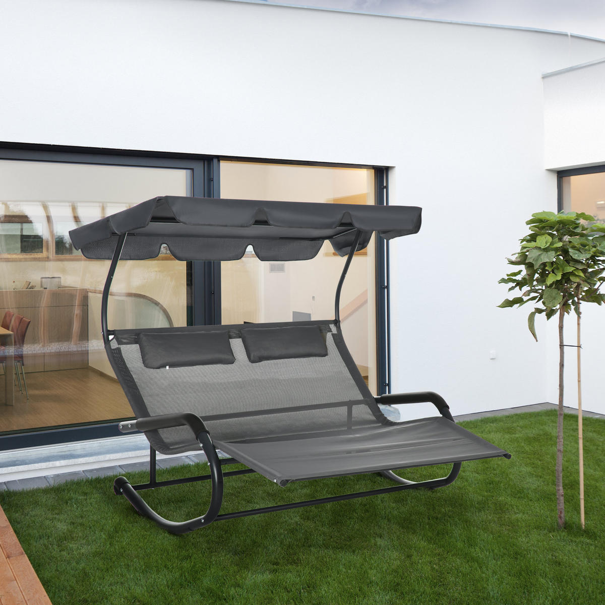 DOPPEL-SONNENLIEGE Gartenliege, mit Sonnendach, Rollen, Kopfkissen, Stahl, Dunkelgrau - Dunkelgrau, Kunststoff/Metall (139/140/200cm) - Outsunny