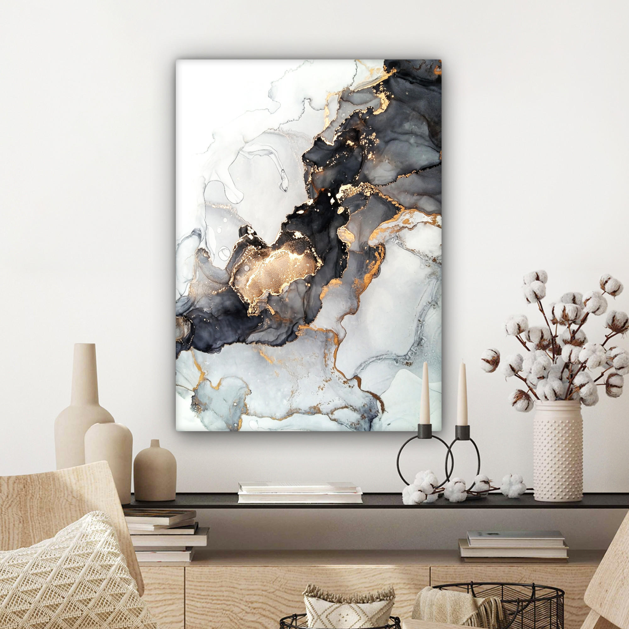 LEINWANDBILD Marmor - Schwarz - Weiß - Gold - Luxus - Abstrakt 60x80 cm - Goldfarben, Textil (60/80cm) - MuchoWow