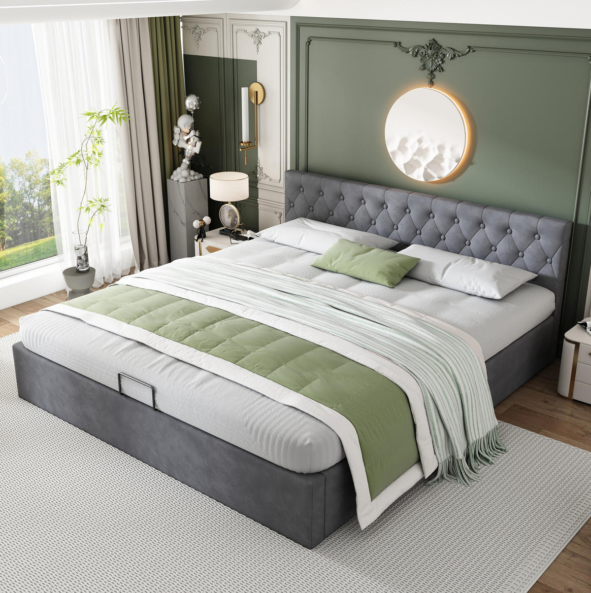 POLSTERBETT 180/200 cm Grau mit hydraulischem Bettkasten und geknöpftem Kopfteil - Grau, Textil (180/200cm) - OKWISH