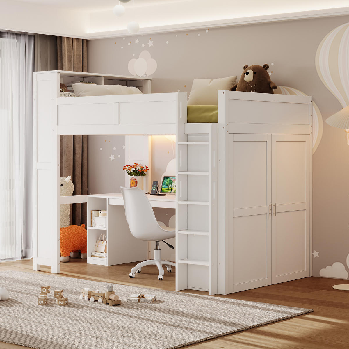 HOCHBETT 90 x 200 cm mit Schreibtisch, Staufächern, Kleiderschrank, USB-Anschluss und LED-Beleuchtung, weiß - Weiß, Holz (90/200cm) - KOMHTOM