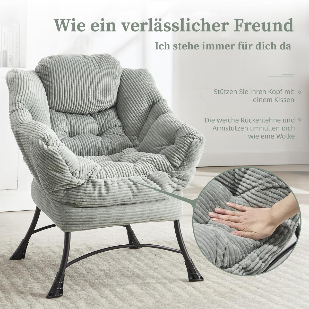 LOUNGESESSEL Relaxsessel mit Hocker,dicke Polsterung,Hellgrün - Hellgrün, Metall (70/95/64cm) - LVHOM