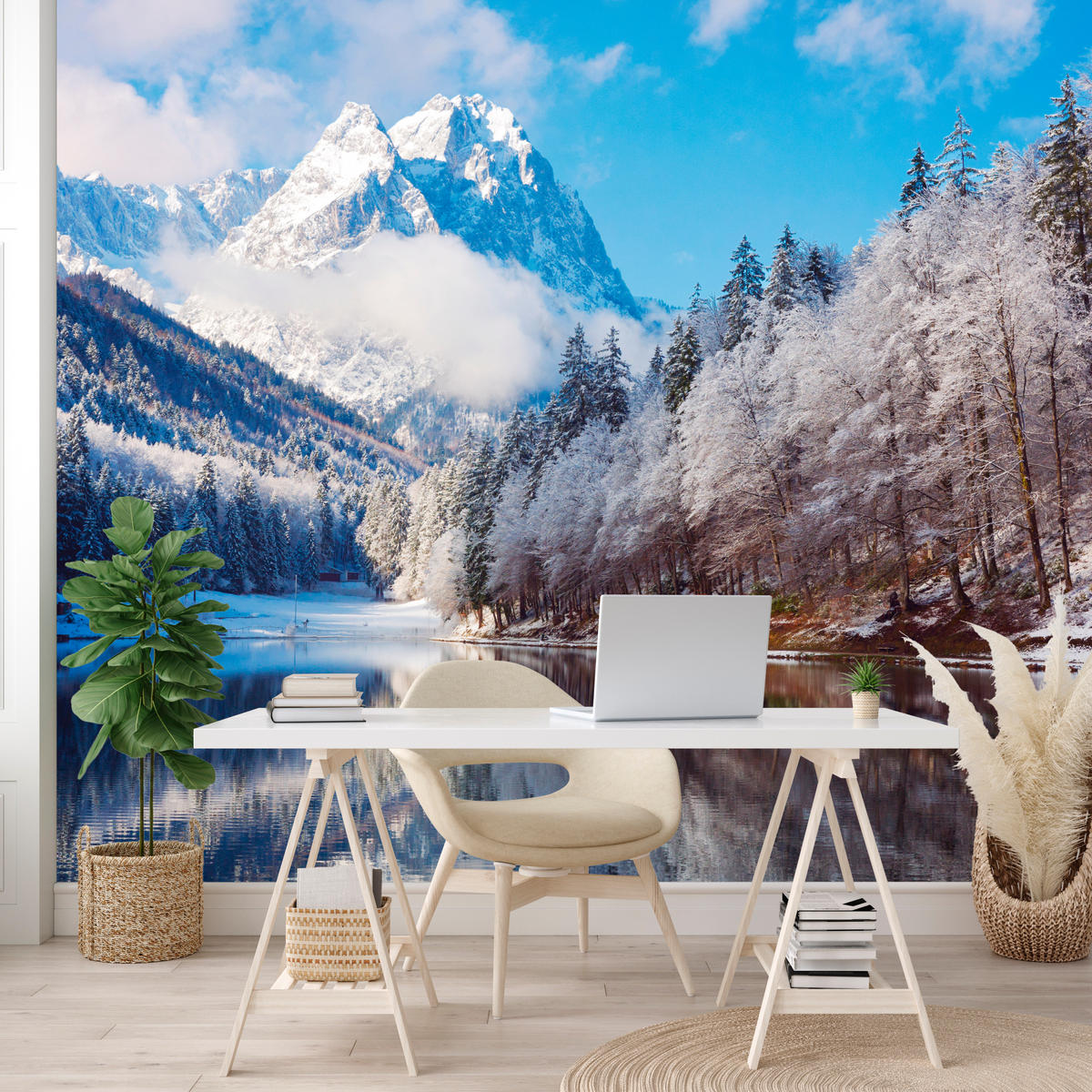 FOTOTAPETE für Wohnzimmer Winterberglandschaft See Nadelwald Schnee 300x210 - Blau/Braun, Papier (300/210cm) - Muralo