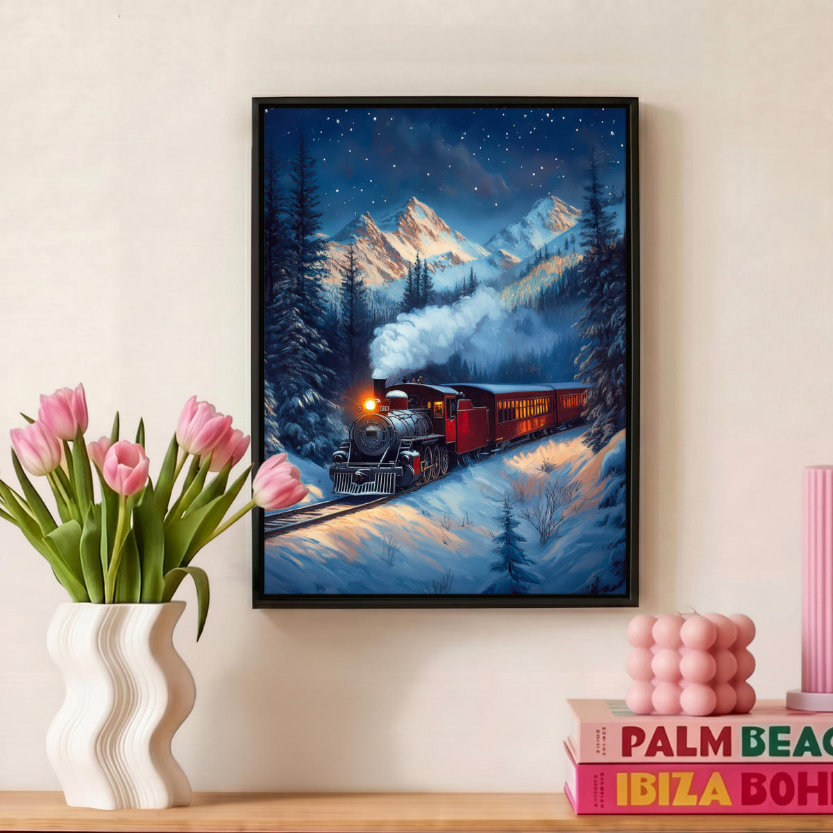 LEINWAND Bilder mit Rahmen - Zug - Weihnachten - Schnee - Weihnachtszug - 30x40 - Anthrazit, Textil (30/40cm) - MuchoWow