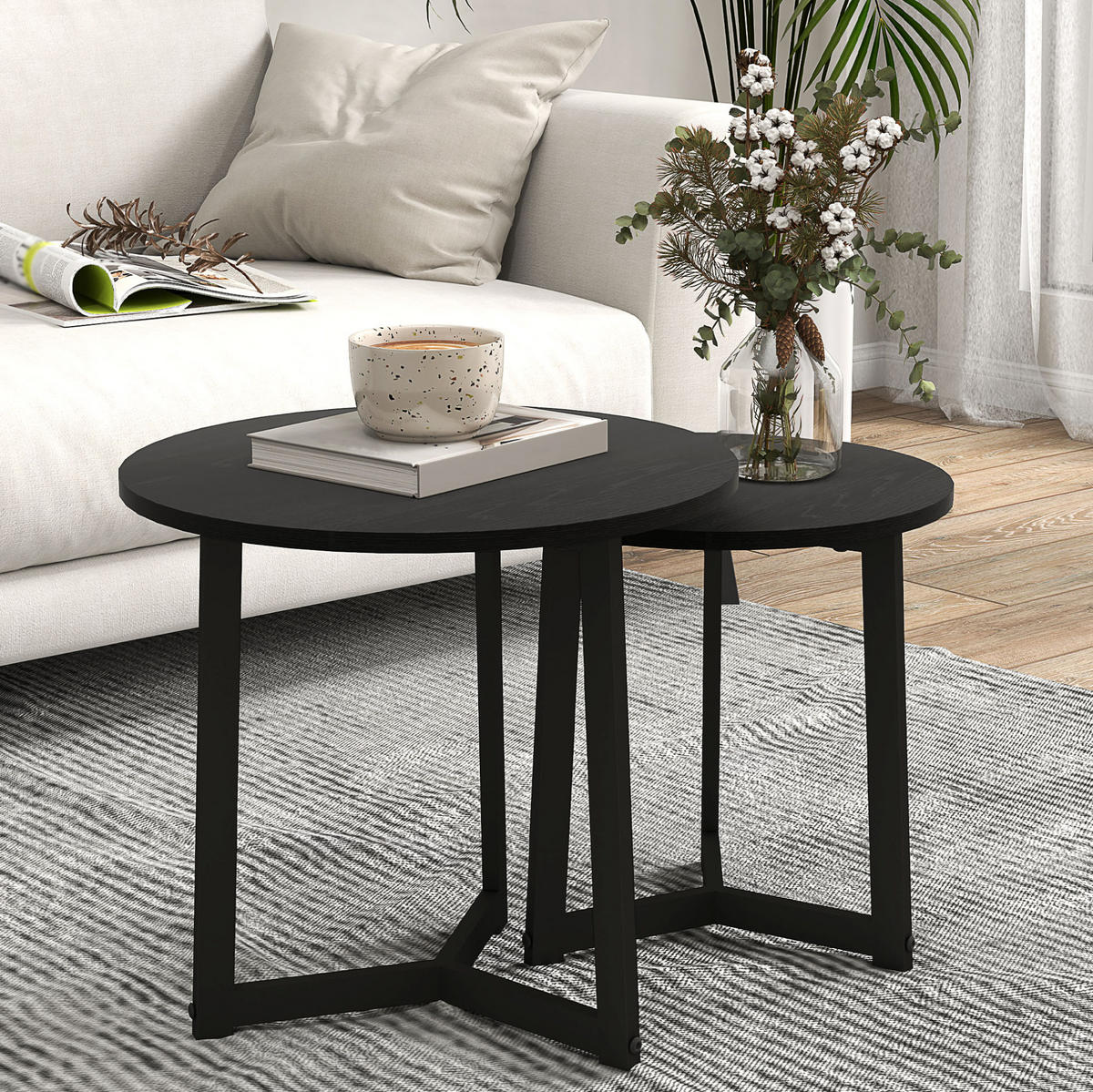 SÚPRAVA konferenčných stolíkov z ocele, Ø48/40/45/40 cm čierna, 2-dielna - čierna, kov (48/48/45cm) - BEAOK