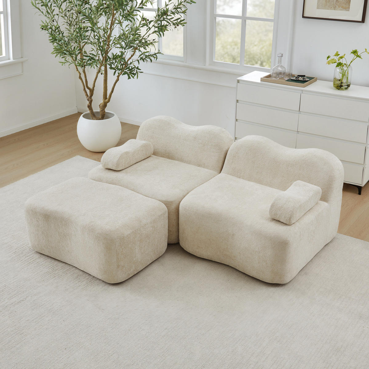 MODULARES Ecksofa ohne Montage mit Ottoman, Wellenform und Samtbezug, Beige - Beige, Textil (192/167cm) - Redom