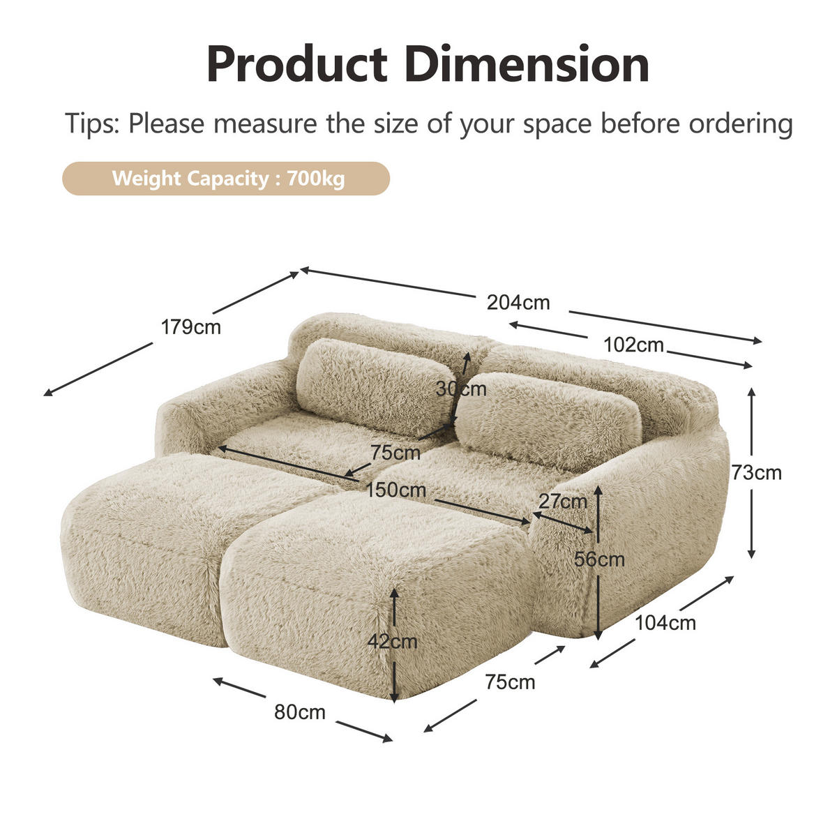 SOFA modulares 2-Sitzer mit 2 Ottomans Plüsch Light Khaki - Braun, Kunststoff (179/73/204cm) - Meubliv