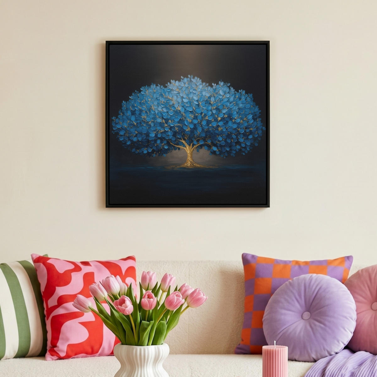 LEINWAND Bilder mit Rahmen - Baum - Blau - Blätter - Pinselstriche - 50x50 - Blau, Textil (50/50cm) - MuchoWow