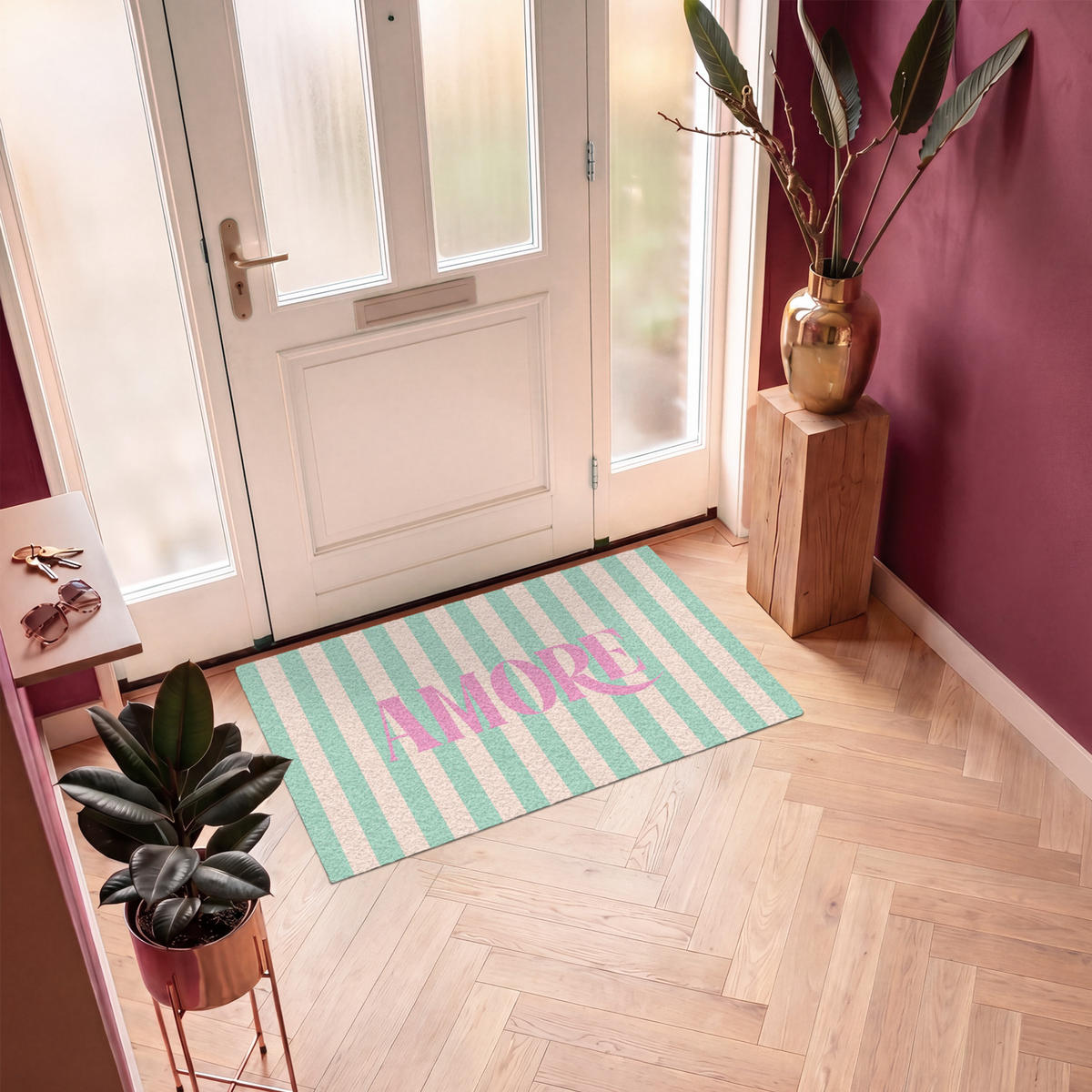 FUSSMATTE Rosa – Grün – Streifen – Amore 120x80 cm - Mintgrün, Kunststoff (120/0.4cm) - MuchoWow