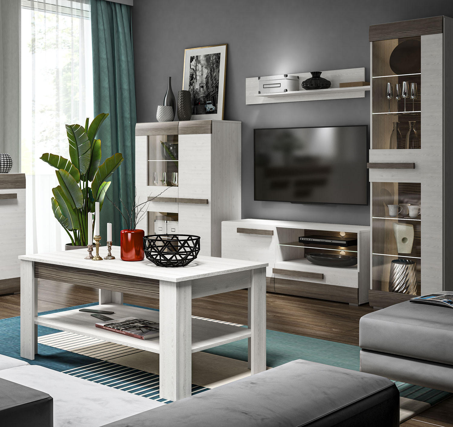 WOHNZIMMER SET 5-TEILIG Blanco Pinie weiß / grau 275 / 42 / 202cm - Weiß/Grau, Holz/Holzwerkstoff (275/202/42cm) - Feldmann-Wohnen