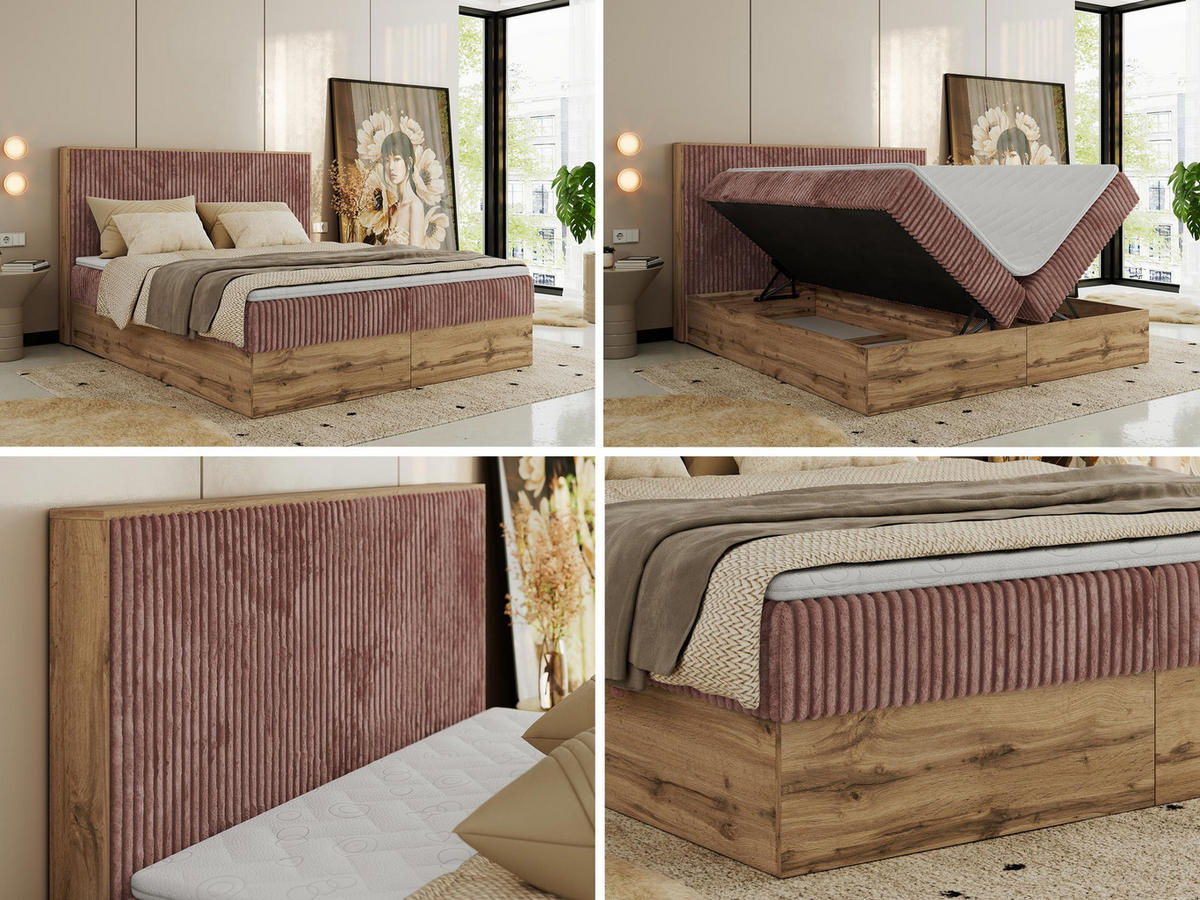 BOXBETT WOOD CLASSIC 160/200 - Rosa Cord - H3 - Rosa, Textil (160/200cm) - MKS
