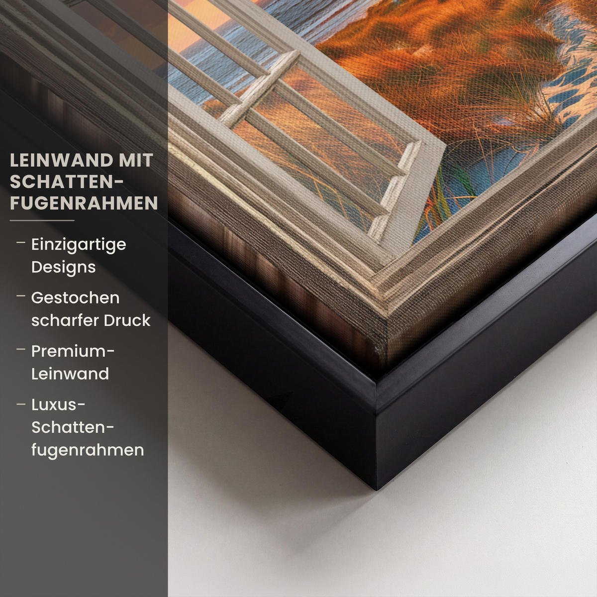 LEINWAND Bilder mit Rahmen - Aussicht - Fenster - Leuchtturm - Sonnenuntergang - Strand - 40x30 - Dunkelorange, Textil (40/30cm) - MuchoWow