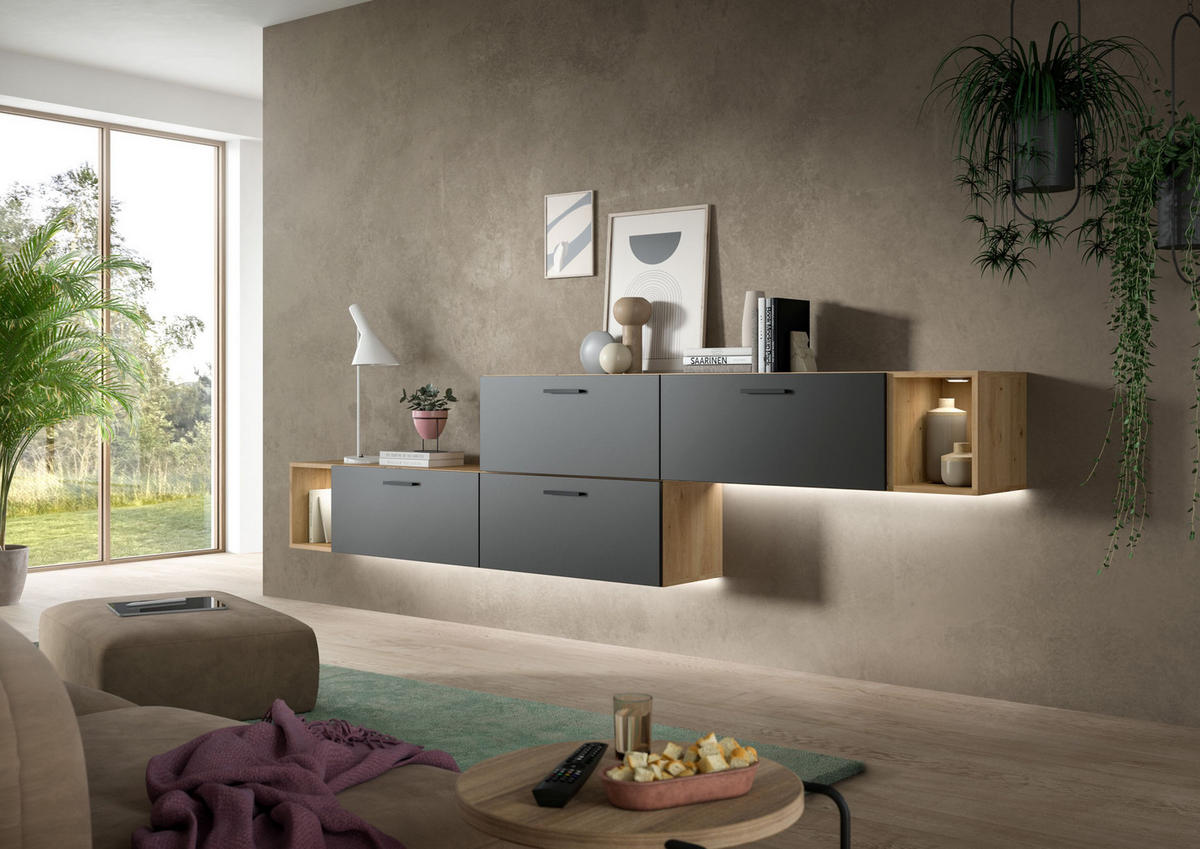 WOHNWAND INKL BELEUCHTUNG The One Basalt grau 276/34/97 cm - Braun, Holzwerkstoff (276/97/34cm) - Xonox