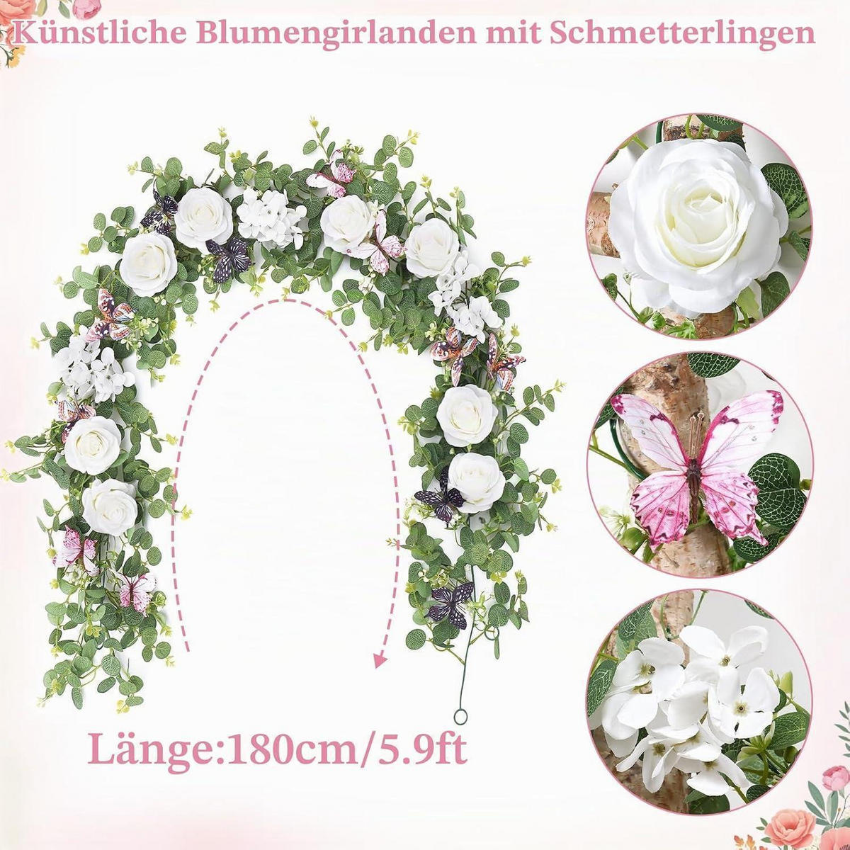 KÜNSTLICHE Blumengirlande 2-teiliges Set Eukalyptus mit Schmetterlingen und Rosen 1,8 m Grün - Multicolor, Kunststoff (1cm)