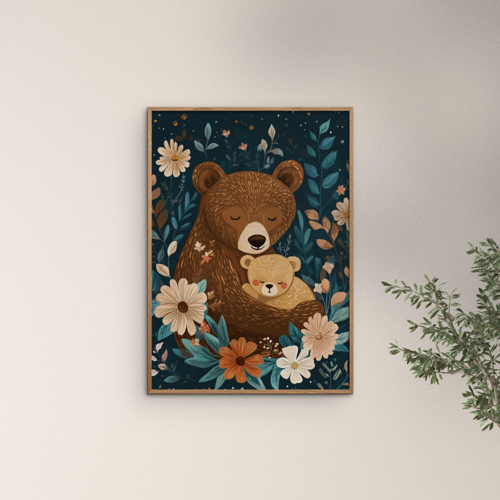 POSTER mit Rahmen Affordable Art Prints x Andreas Magnusson - Mama Bear with Cub - Blau/Eichefarben, Holz/Papier (70/100cm) - Poster&Frame