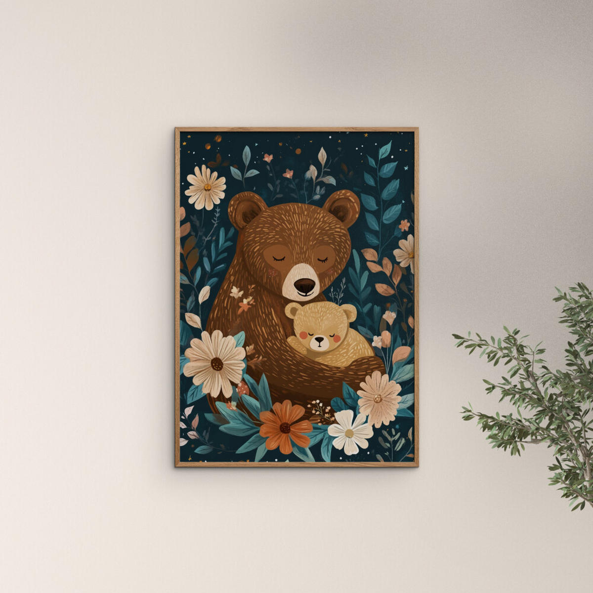 POSTER mit Rahmen Affordable Art Prints x Andreas Magnusson - Mama Bear with Cub - Blau/Eichefarben, Holz/Papier (70/100cm) - Poster&Frame