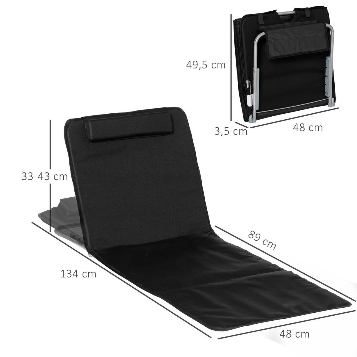 STRANDLIEGE Sonnenliege Gartenliege, klappbar, verstellbare Rücklehne, Seitentasche, 48 cm x 134 cm x 33-43 cm, Schwarz - Schwarz, Metall (134/43/48cm)