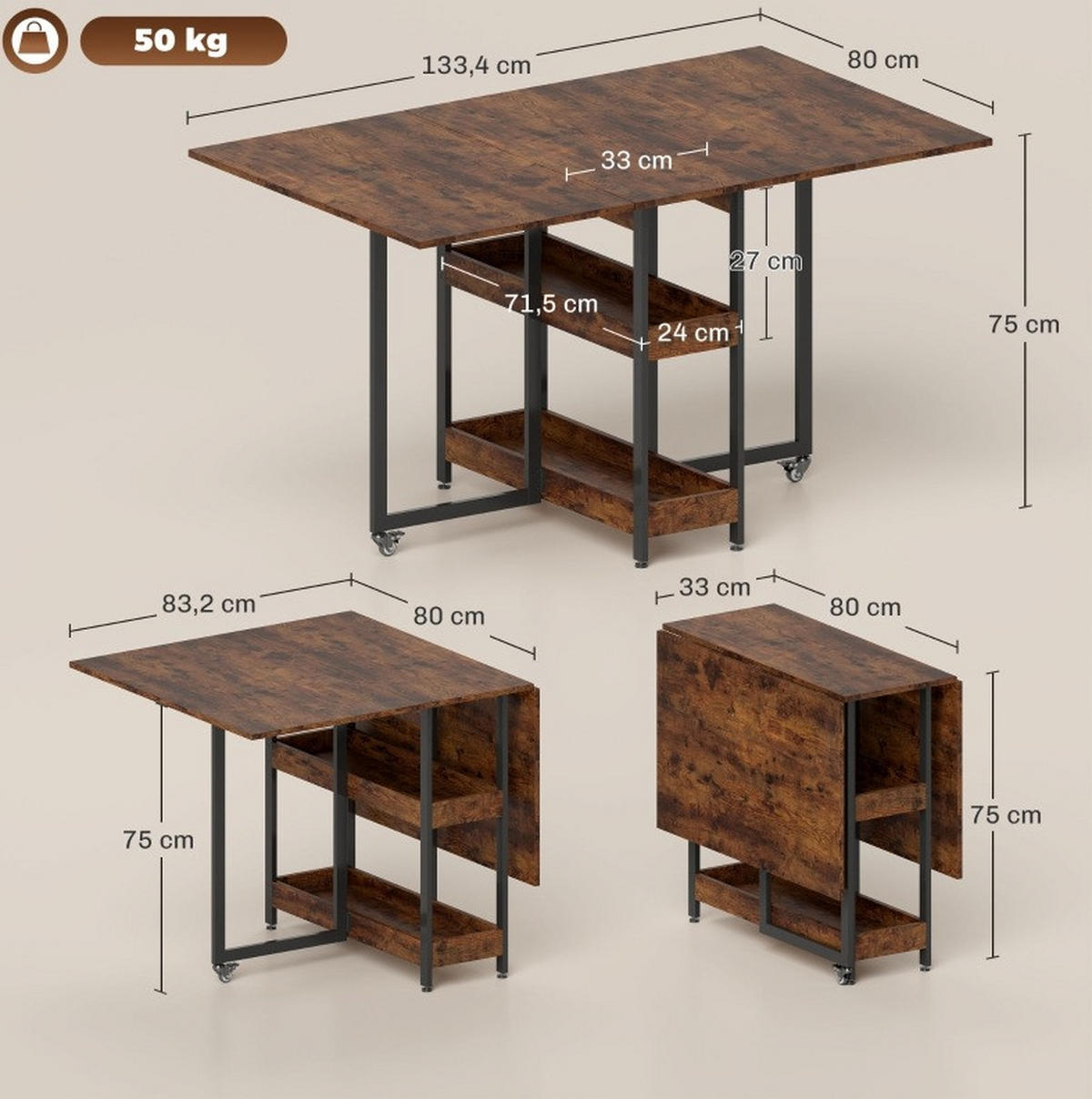 ESSTISCH 133,4/80/75 cm klappbar mit 2 offenen Fächern und Rollen, melaminbeschichtete Spanplatte, Braun - Braun, Holz (133.4/80/75cm) - Redom