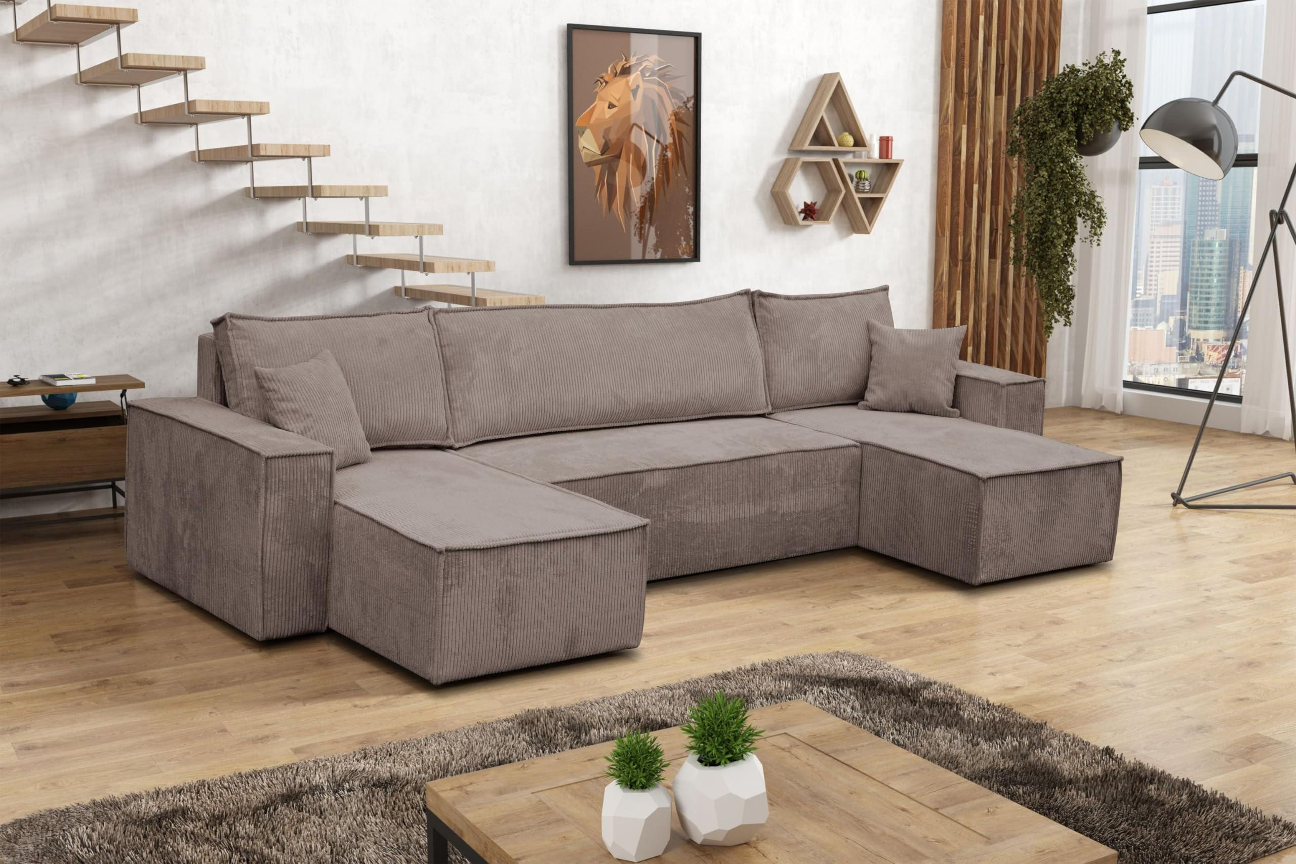 WOHNLANDSCHAFT Hugo U-Form Cordstoff mit Schlaffunktion und Bettkasten - Braun, Textil (312/83/142cm) - VENASI MÖBEL