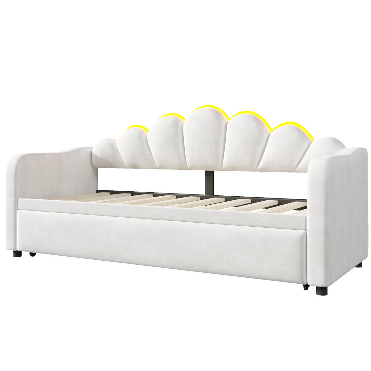 DENNÁ posteľ 90/200 cm biela s výsuvným lôžkom a LED osvetlením z MDF, preglejky a zamatového poťahu - biela, textil (90/200cm) - OKWISH